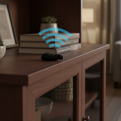 caméra de chasse espion sans fil sur un meuble décoratif