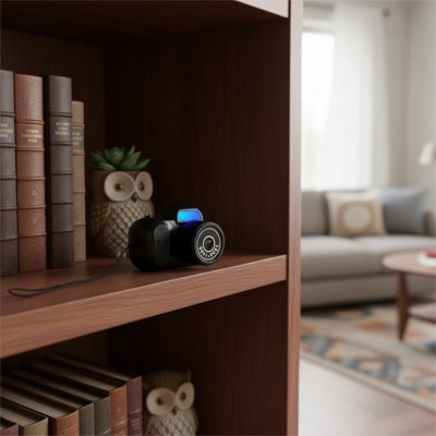 caméra de chasse sur une tablette d  un meuble de salon