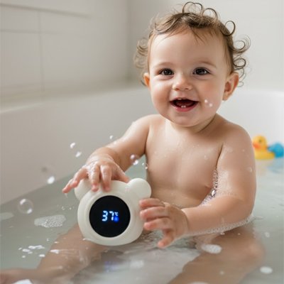 thermometre bebe de bain un enfant  tient le produit
